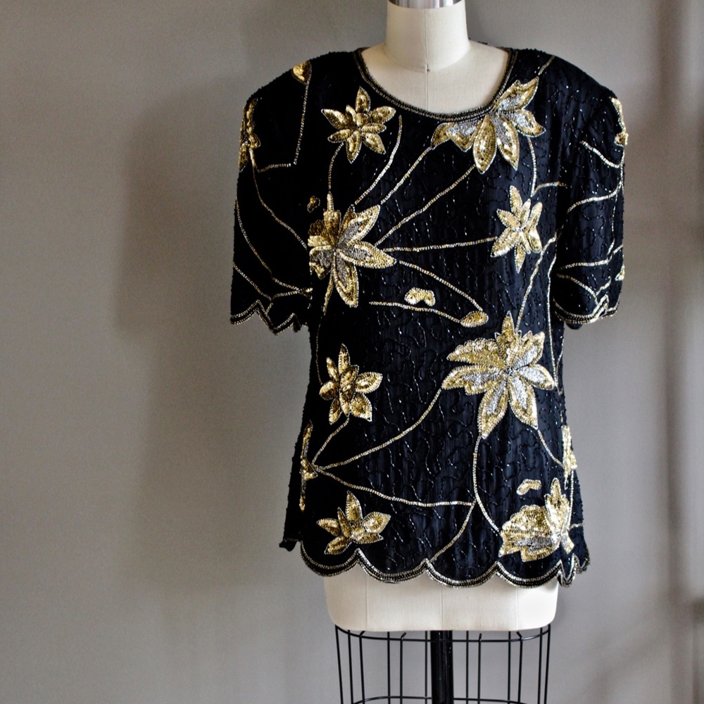 Vintage black beaded sequin Floral top 100% silk